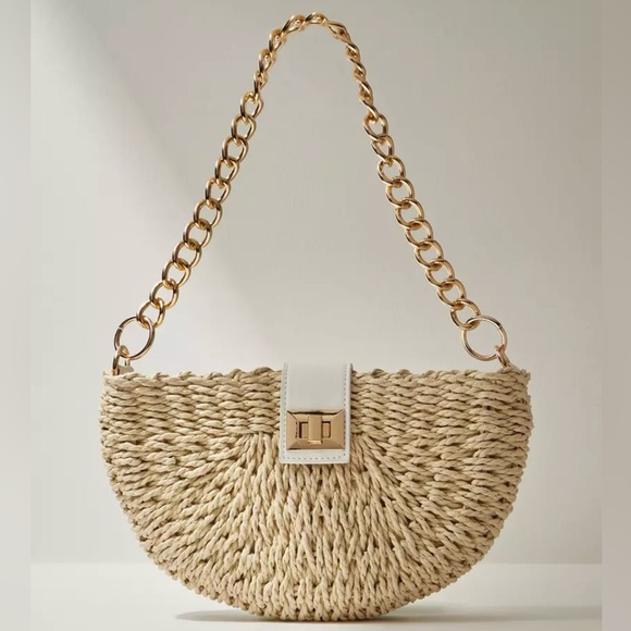 Woven Straw Shoulder Bag with Gold Chain - Picture 1 of 14